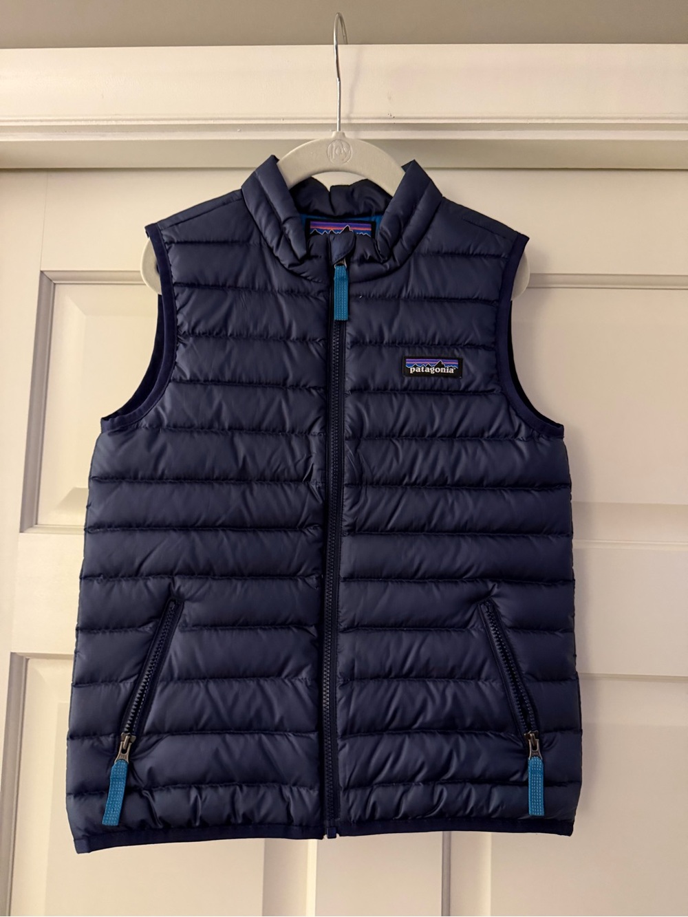 Patagonia Kids Navy Puffer Vest with Teal Zipper Tabs